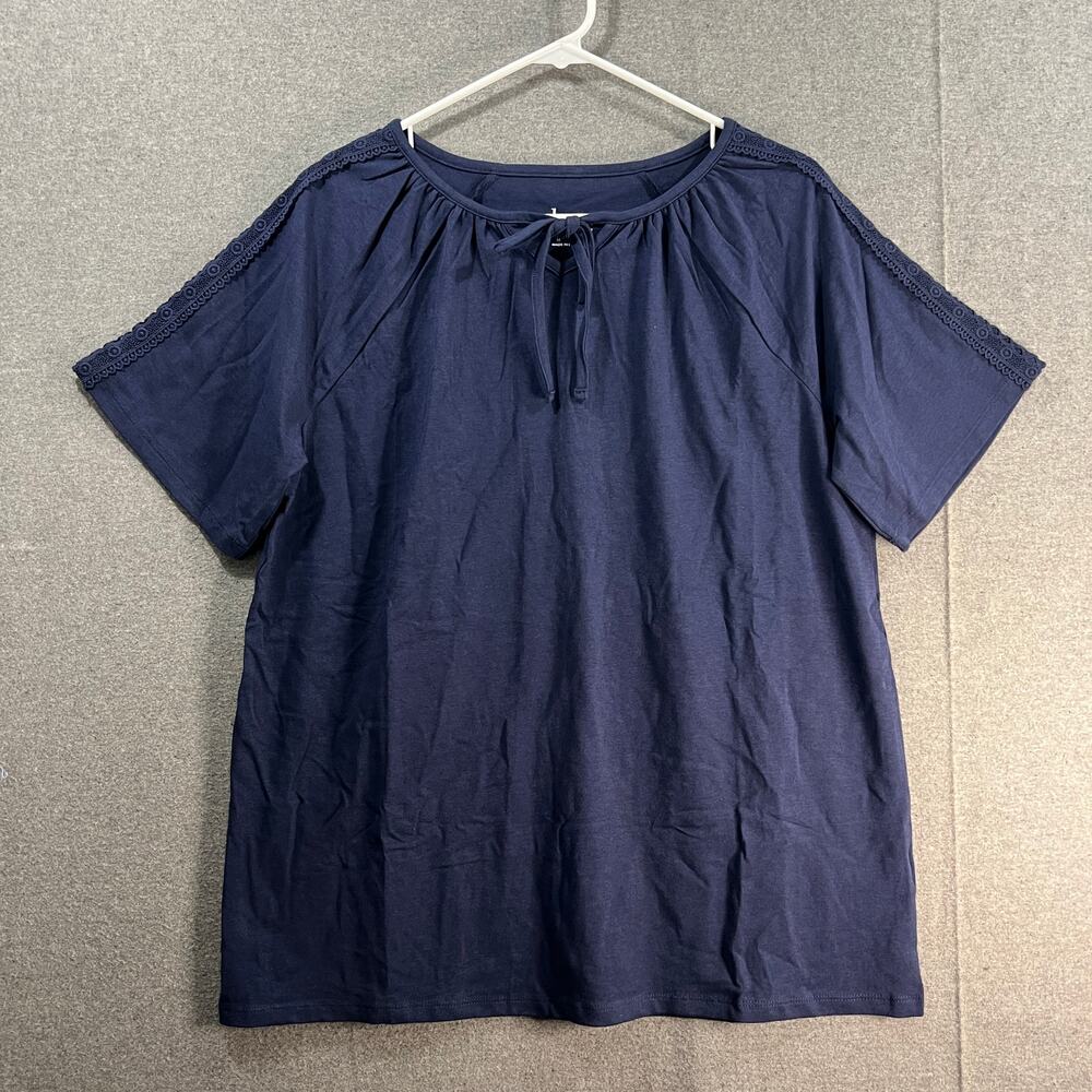 Denim & Co. Jersey Split V-Neck Short Sleeve Top w/ Lace Trim Navy, Medium